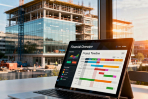 Image of laptop on desk with construction work going on in the background.